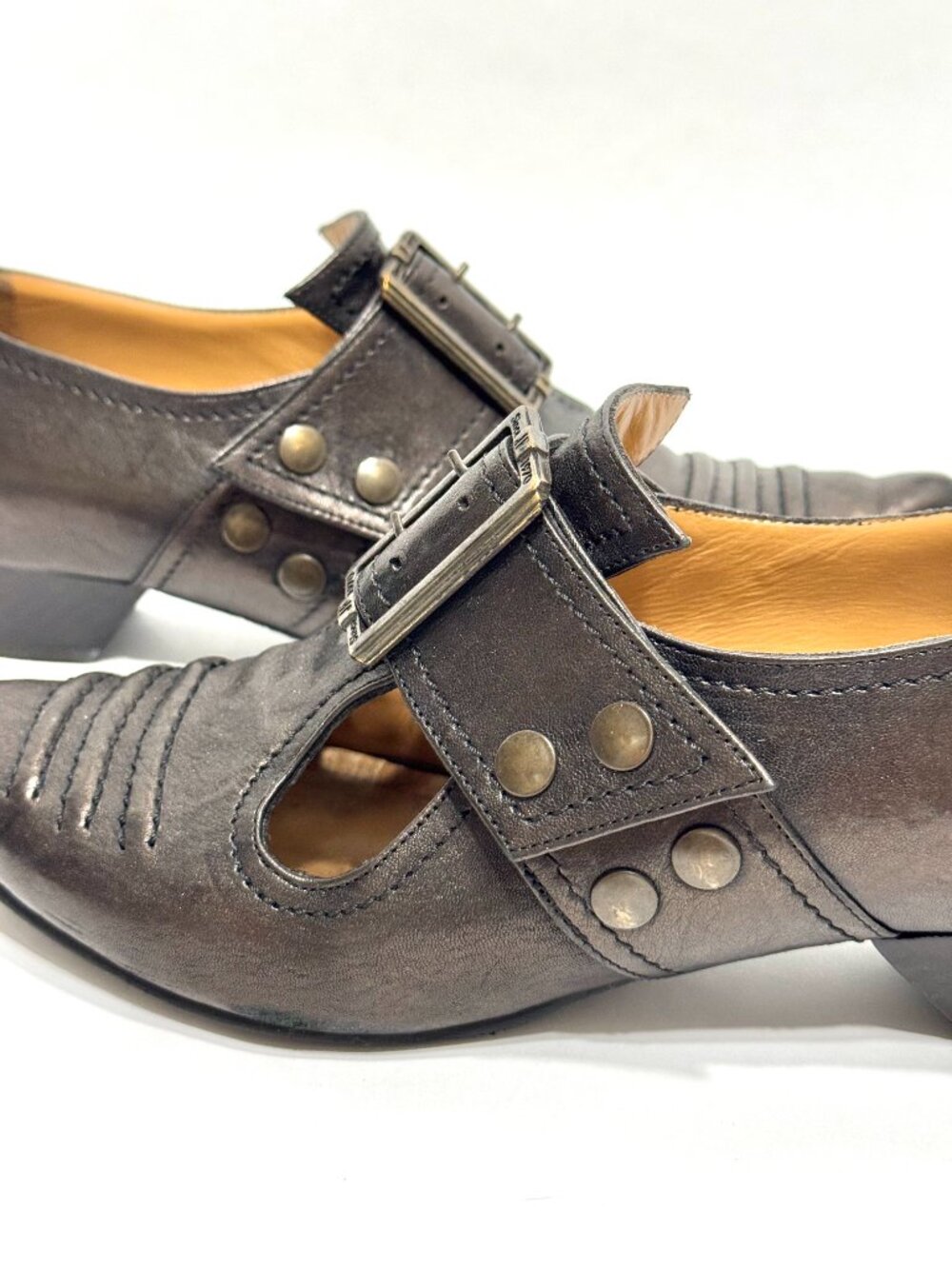 John Fluevog Pilgrim Leather Shoes Pointed Toe Buckle Low Heel Witchy Steampunk - Picture 12 of 16